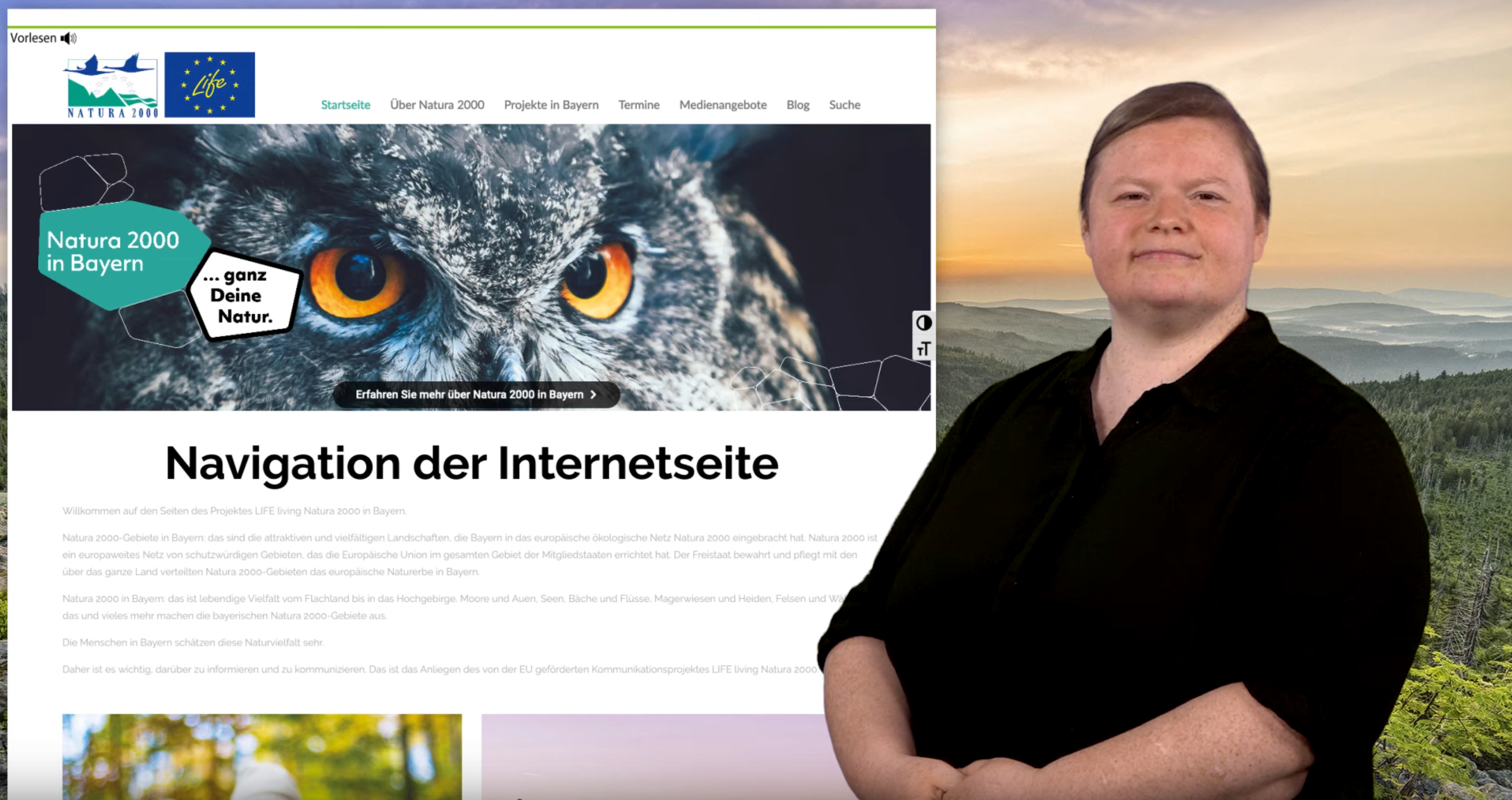 Im rechten Hintergrund iste ein weiter Blick auf eine Hügellandschaft gegeben, auf der linken Seite ist die Website von Natura2000 mit der Beschriftung Navigation der Internetseite abgebildet. Im Vordergrund ist eine Person zu sehen.