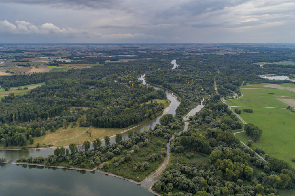 Eine Luftaufnahme der Isarmündung. Die Isar fließt von der Mitte der oberen Bildkante durch das Bild und mündet in der linken unteren Bildecke in die Donau. Die Flussufer sind bewaldet. Weiter entfernt finden sich Grünlandbereiche und Äcker in einer sommerlichen Landschaft unter regenschwerem Himmel.