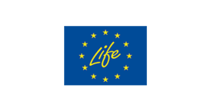 Logo des LIFE-Programms: Blaue Europaflagge mit Kreis aus gelben Sternen, in der Mitte der gelbe Schriftzug Life.