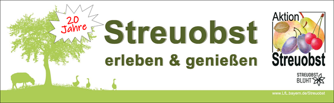 Banner der Aktion Streuobst mit stilisierten Bäumen und Obst