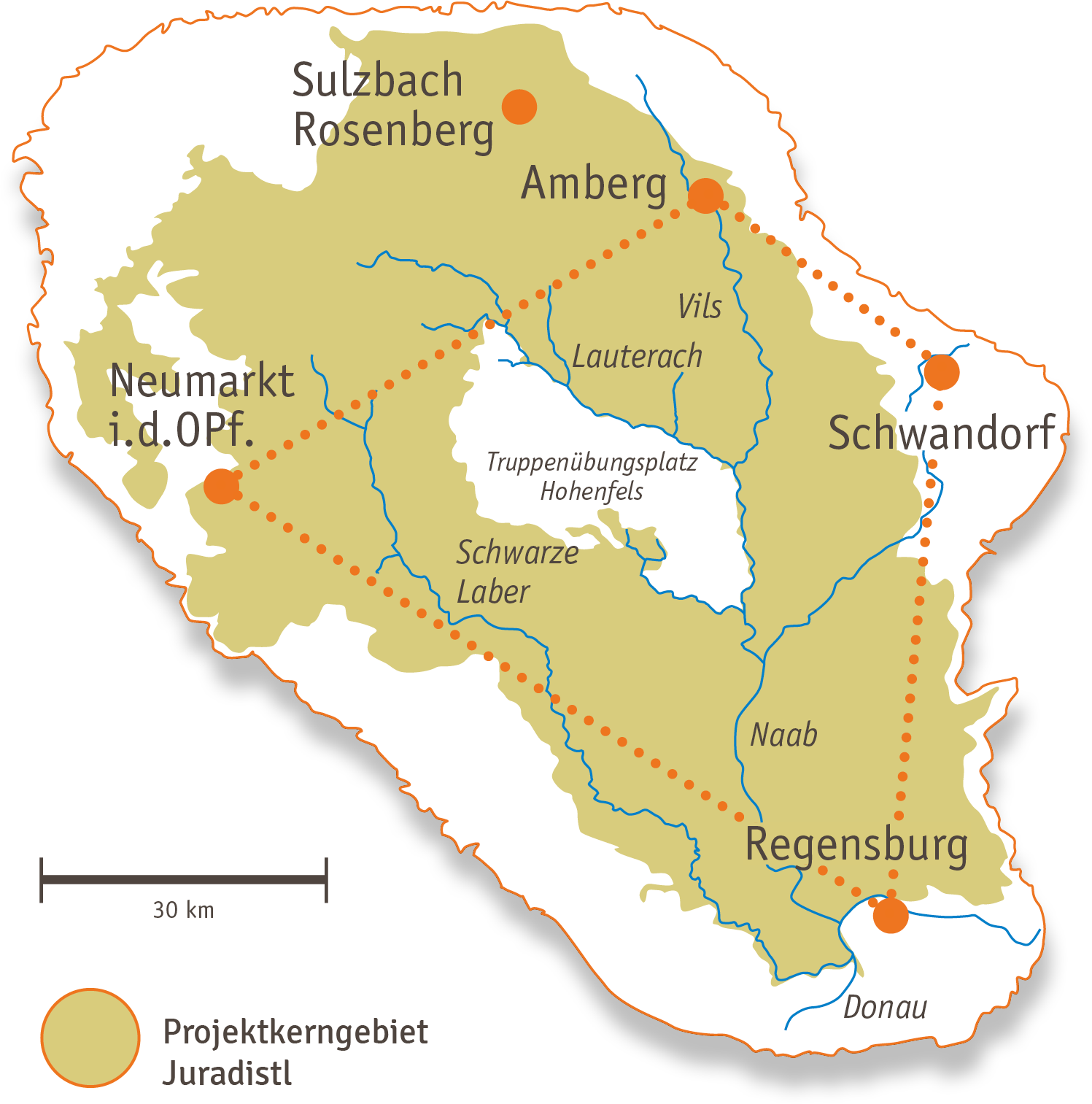 Karte des Projektkerngebiets Juradistel u.a. mit Amberg, Neumarkt i.d. OPf., Regensburg und Schwandort