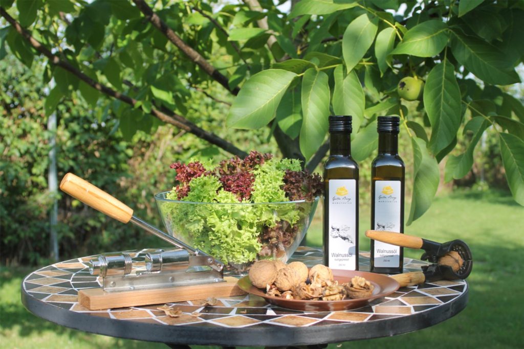 Auf einem Tisch in einem Garten sind zwei Flaschen Walnussöl, Nüsse auf einem Teller und grüner Salt in einer Glasschüssel angerichtet.