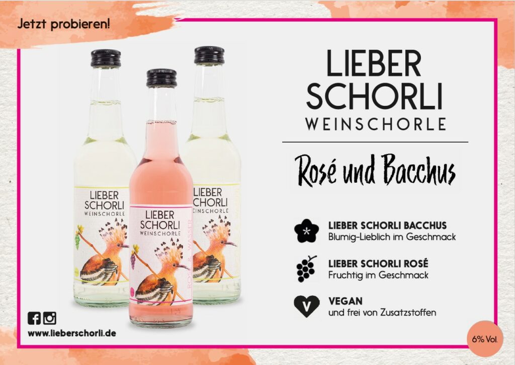 Werbeanzeige mit drei Flaschen Weinschorle und Beschreibung 