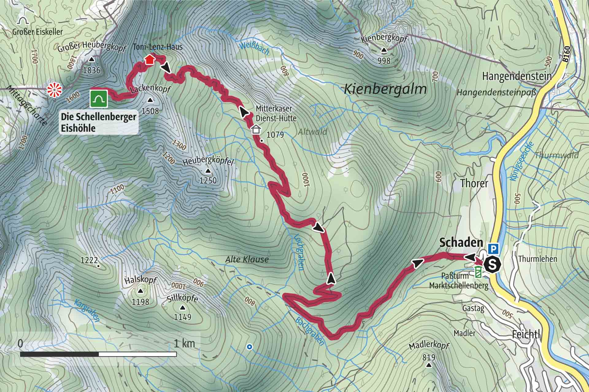 Geografische Karte - Wanderweg von Schaden zur Schellenberger Eishöhle.