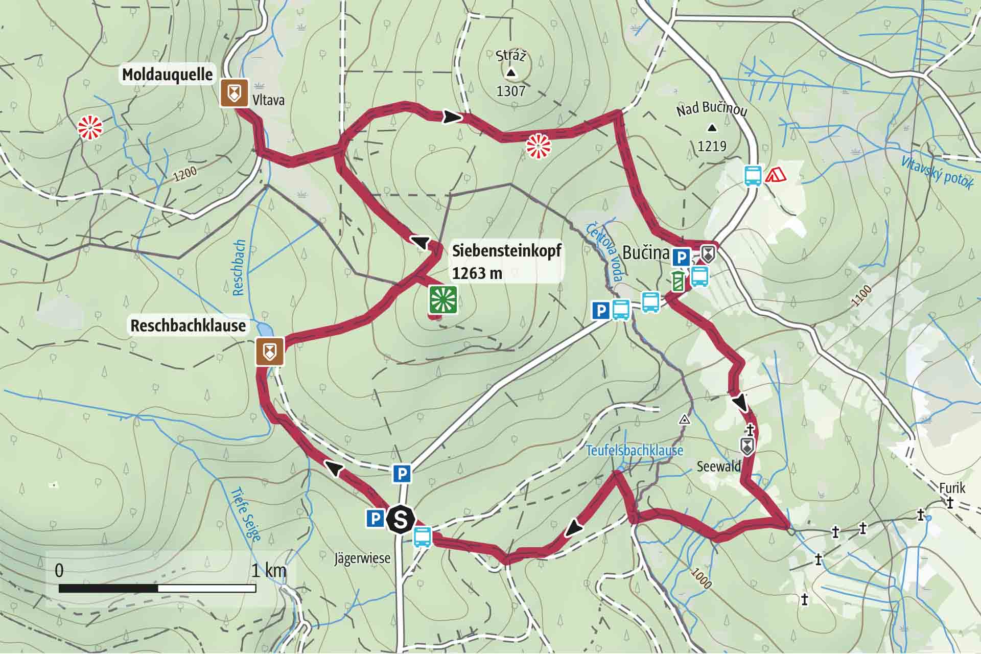 Geografische Karte auf den Siebensteinkopf und zur Moldauquelle