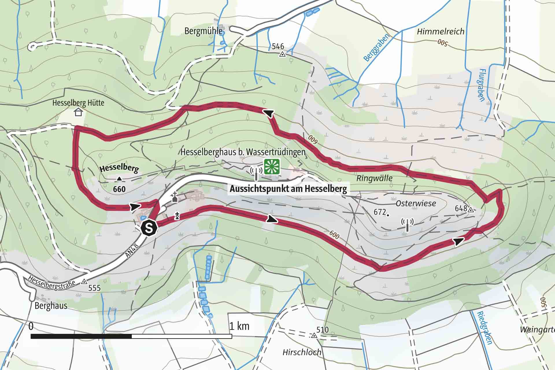 Geografische Karte Tour am Rundwanderweg um den Hesselberg