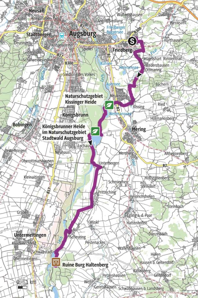 Geografische Karte Radtour durch die Lechauen bei Augsburg.