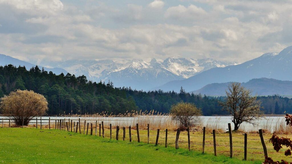 Wiese mit Zaun, im Hintergrund Wasser und Berge.