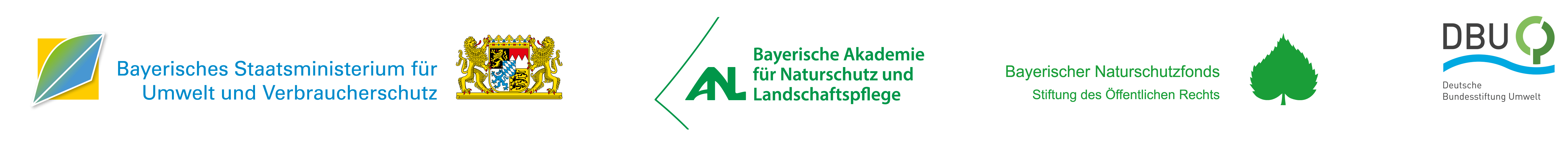 Logos der Förderer Bayerisches Staatsministerium für Umwelt- und Verbraucherschutz, Bayerische Akademie für Naturschutz und Landschaftspflege, Bayerischer Naturschutzfond, Deutsche Bundesstiftung Umwelt