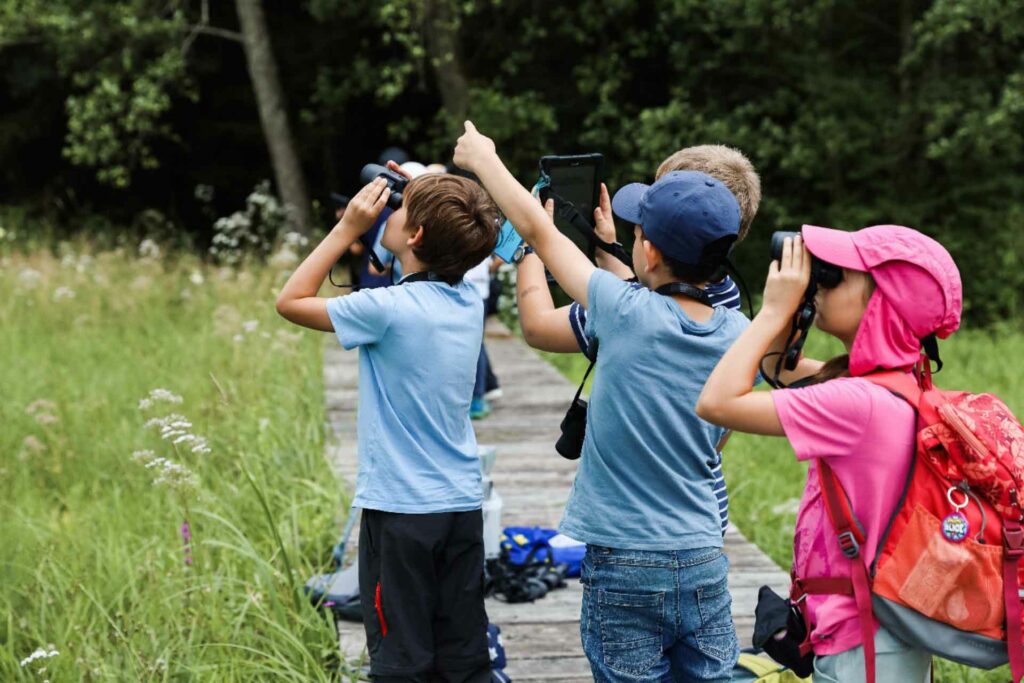 Kinder stehen auf einem Steg und blicken durch Ferngläser beziehungsweise auf ein Tablet.