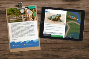 Draufsicht auf ein Tablet, dessen Bildschirm den virtuellen Natura 2000-Lebensraum Gewässer zeigt.