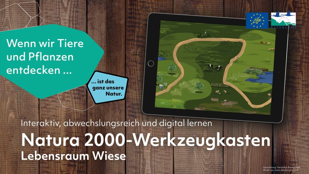 Blick auf ein Tablet, das den virtuellen Lebensraum Wiese zeigt.