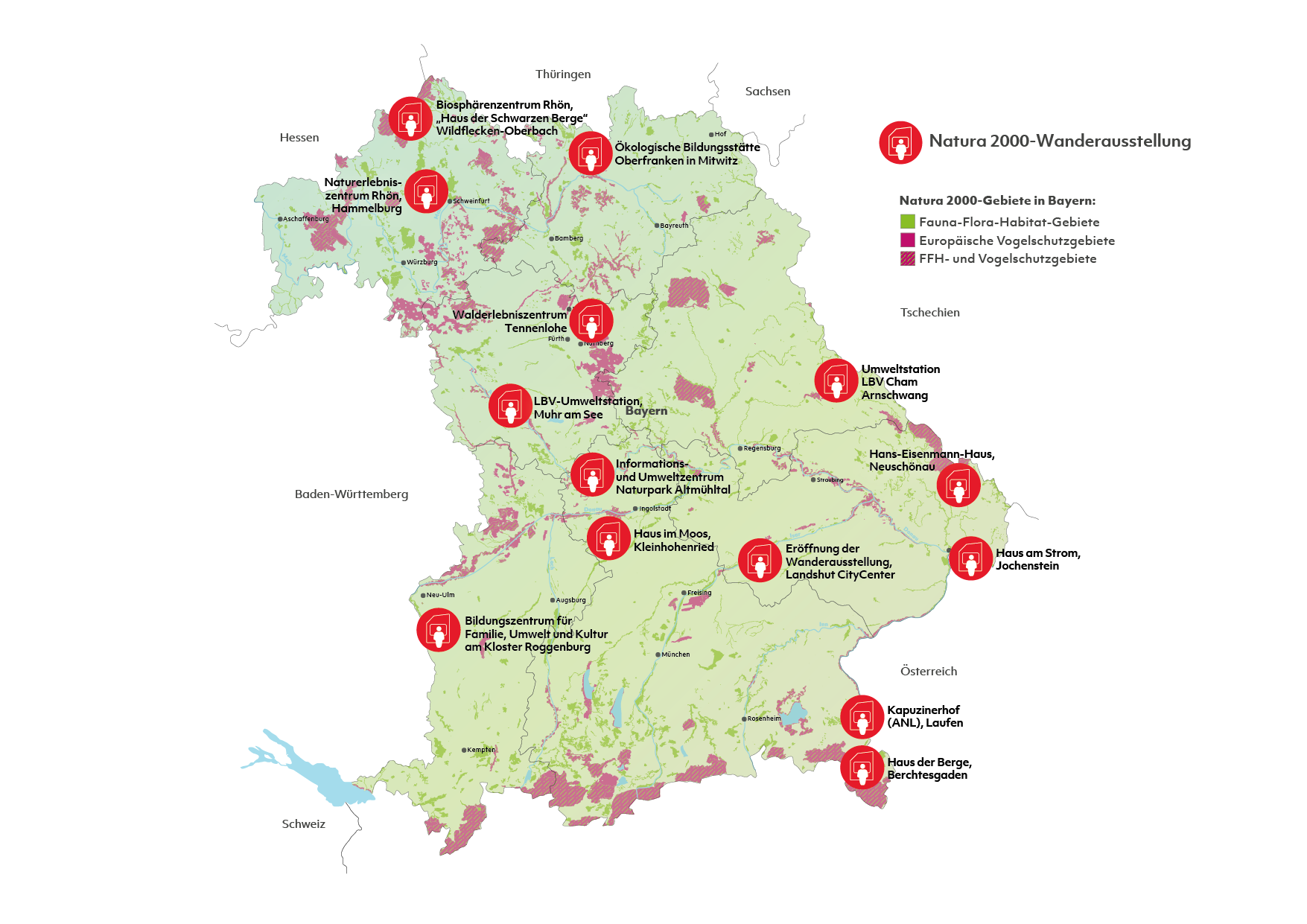 Bayernkarte mit allen Standorten der Wanderausstellung.